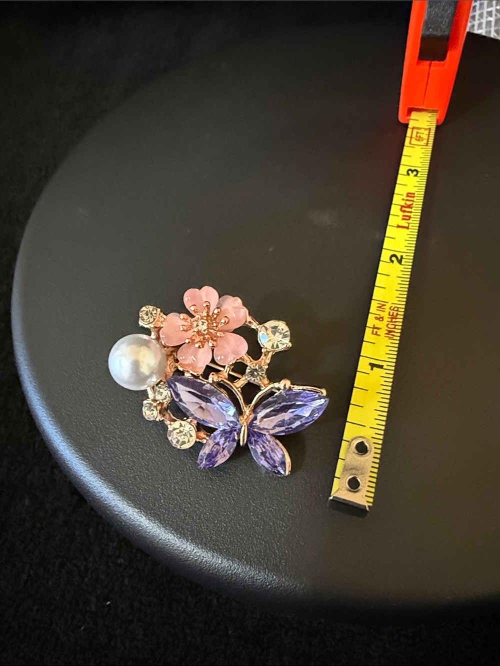 Gold Floral Butterfly Brooch with Pink Flower & Purple Crystals
